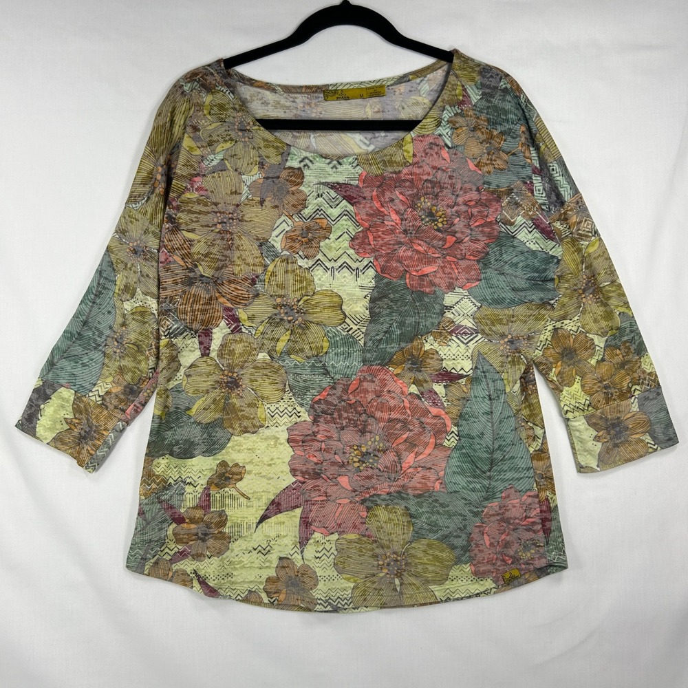 Prana Floral Long-Sleeve Top Medium Green Pink Botanical Boho Shirt